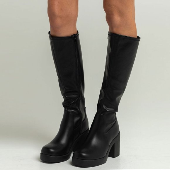 NEW🔥 Black Knee High Moto Boot Chunky Platform Block Heel Stretchy Faux Leather - Picture 1 of 4